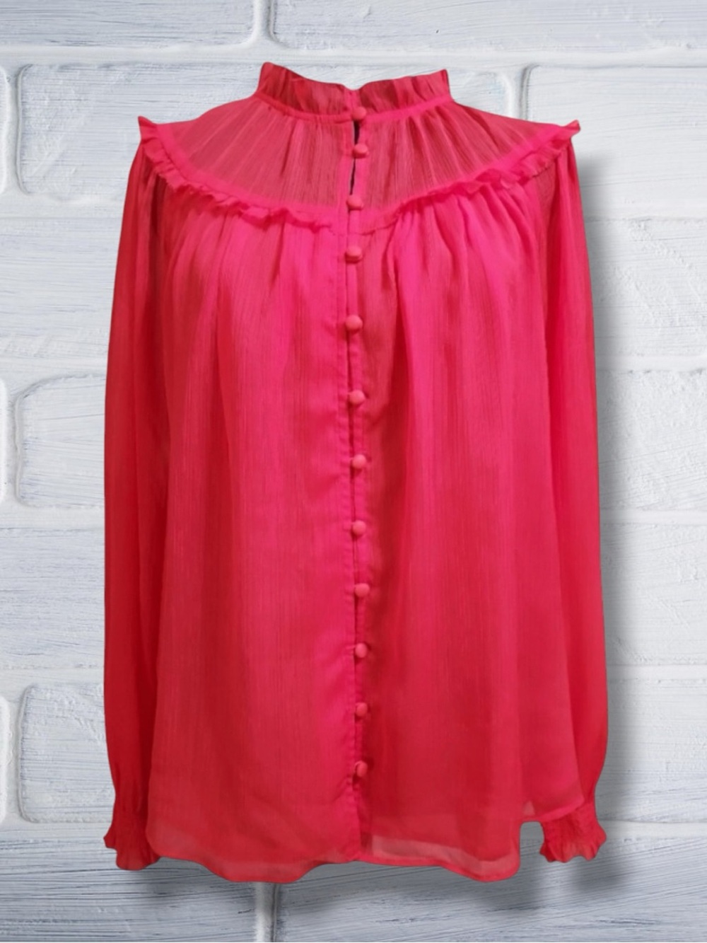 Ann Taylor Blouse Top Pink Button Front Pleated Mock Neck Ruffle Chiffon M NWT